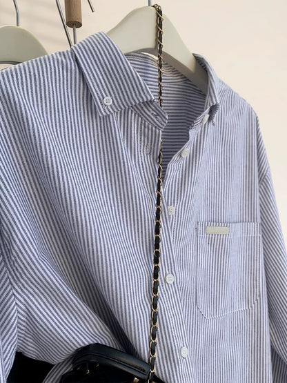 European goods blue striped shirt jacket for women autumn and winter design age-reducing long sleeves spring and autumn inner wear bottoming shirt top