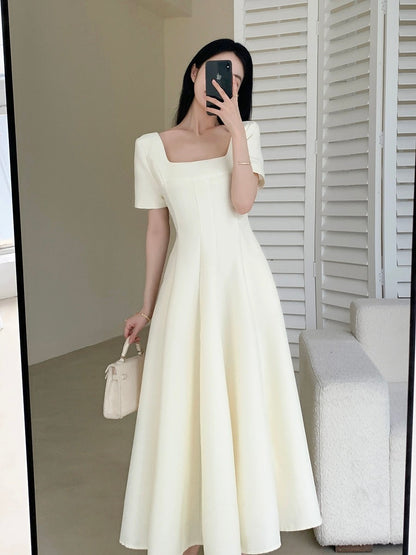 FT GUOGE Square Neck Dress Women's 2024 Summer New French Retro Gentle Style Beige A-Line Skirt