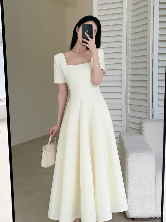 FT GUOGE Square Neck Dress Women's 2024 Summer New French Retro Gentle Style Beige A-Line Skirt