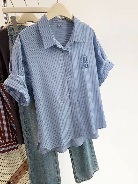 Blue striped shoulder short-sleeved shirt for women summer 2025 new shirt college style French embroidery loose top