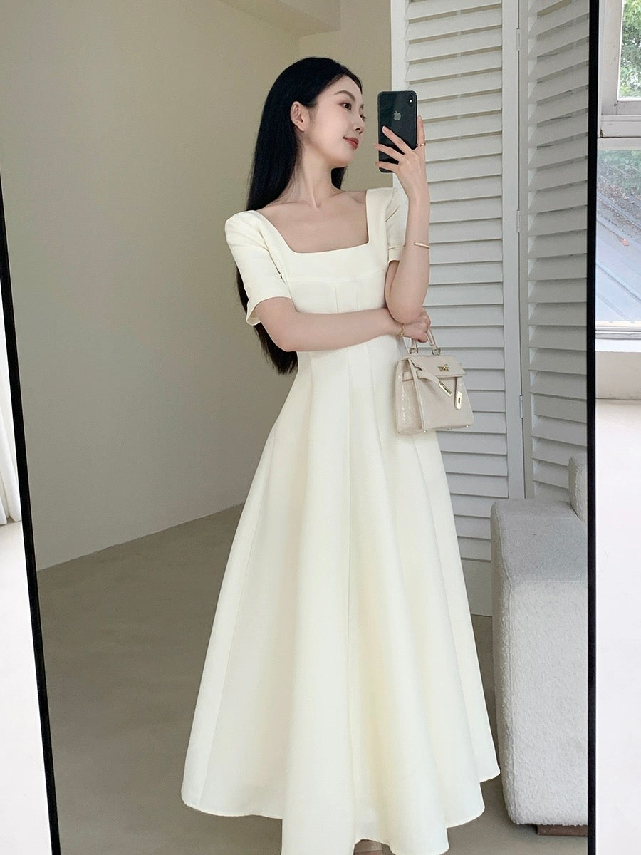 FT GUOGE Square Neck Dress Women's 2024 Summer New French Retro Gentle Style Beige A-Line Skirt