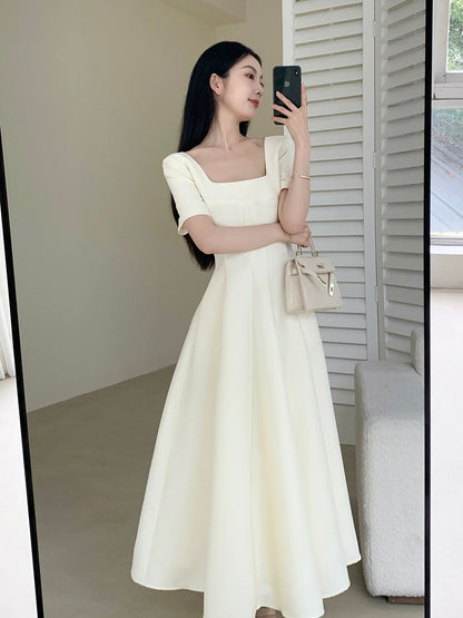 FT GUOGE Square Neck Dress Women's 2024 Summer New French Retro Gentle Style Beige A-Line Skirt