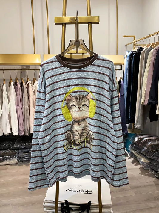[Real-life shot from Xiao Ai's shop] American vintage-style loose-fit striped long-sleeve crew-neck T-shirt with a cute cat print.
