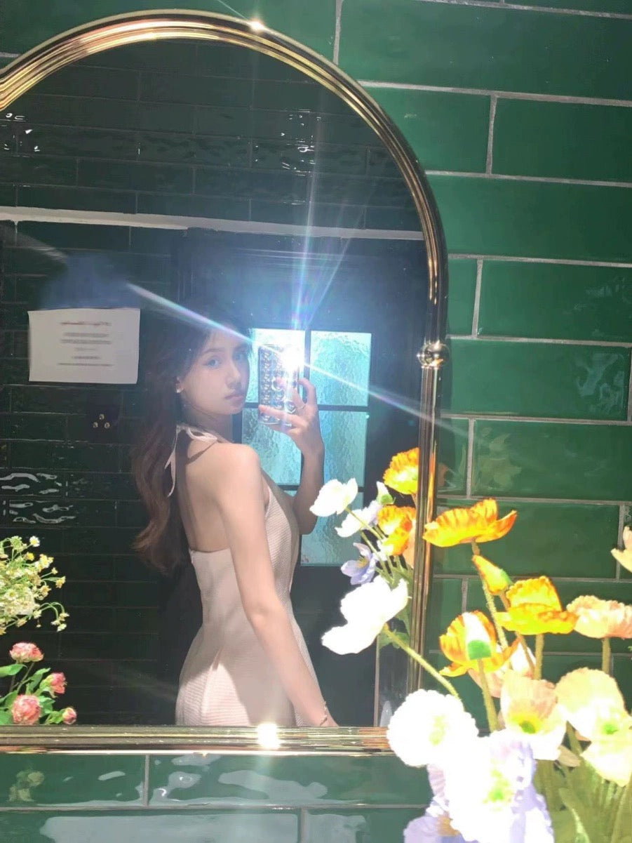 Xiaoxiang style celebrity high-end sleeveless halterneck pink dress for small women, whitening and slimming A-line skirt