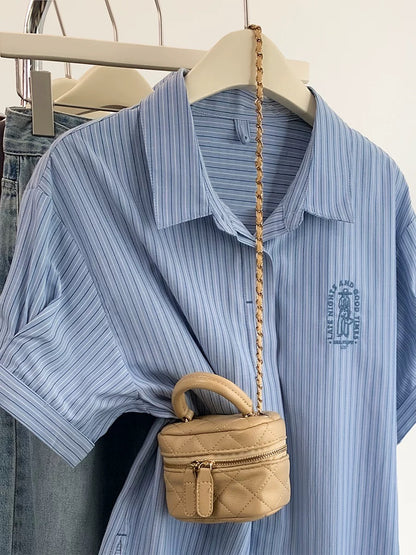 Blue striped shoulder short-sleeved shirt for women summer 2025 new shirt college style French embroidery loose top