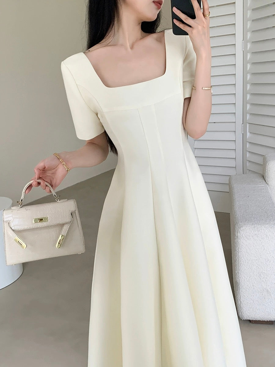 FT GUOGE Square Neck Dress Women's 2024 Summer New French Retro Gentle Style Beige A-Line Skirt