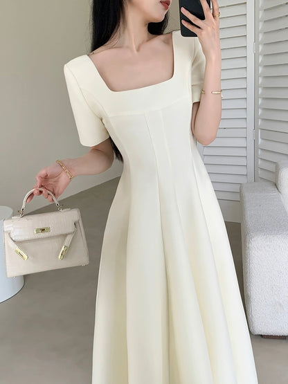 FT GUOGE Square Neck Dress Women's 2024 Summer New French Retro Gentle Style Beige A-Line Skirt