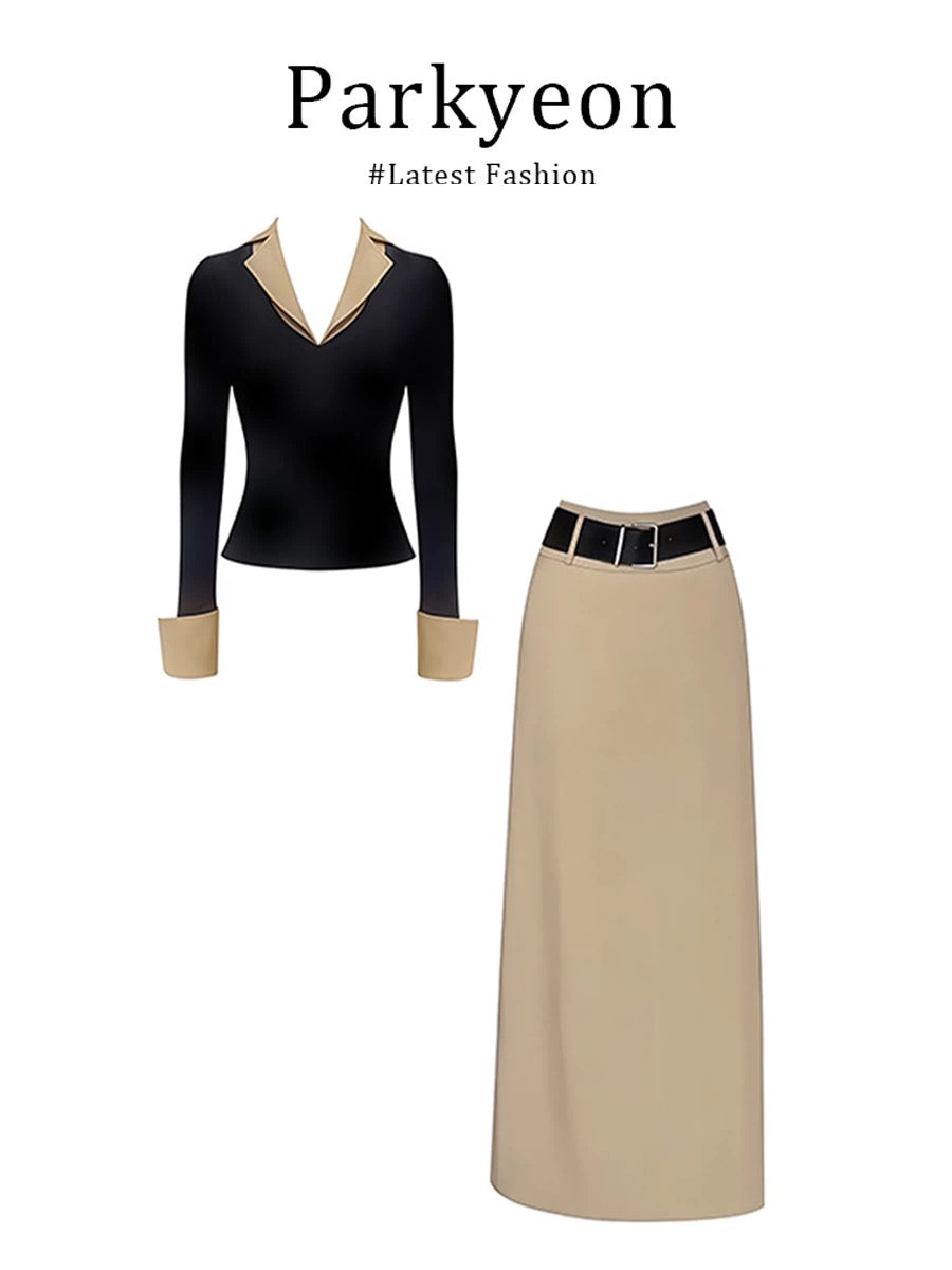MARIE.COCO Early Autumn Set: Black Faux Two-Piece V-Neck Top and Skirt - Versatile and Stylish Outfit