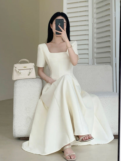 FT GUOGE Square Neck Dress Women's 2024 Summer New French Retro Gentle Style Beige A-Line Skirt