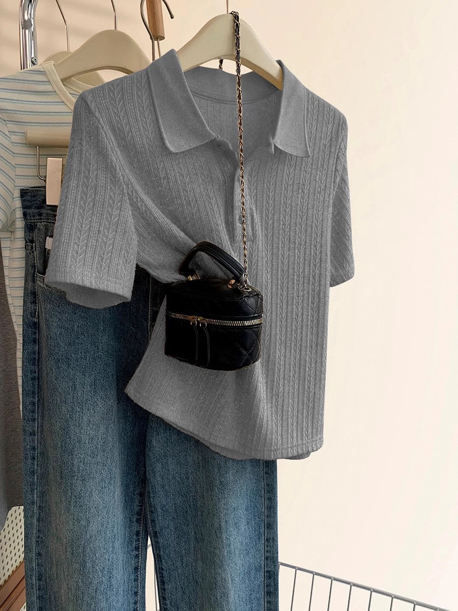Polo shirt knitted short-sleeved T-shirt women's summer 2025 new hot-selling design niche straight shoulder half-sleeved top
