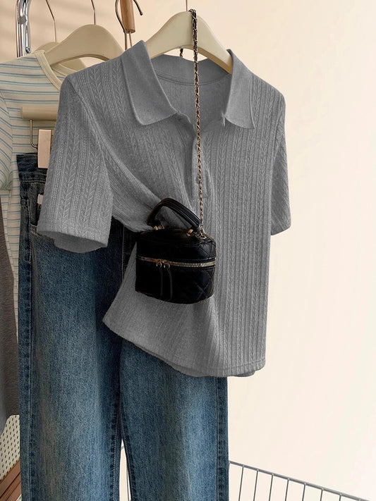Polo shirt knitted short-sleeved T-shirt women's summer 2025 new hot-selling design niche straight shoulder half-sleeved top