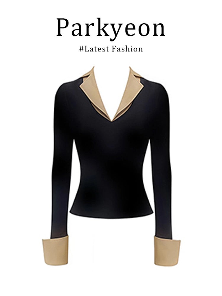 MARIE.COCO Early Autumn Set: Black Faux Two-Piece V-Neck Top and Skirt - Versatile and Stylish Outfit