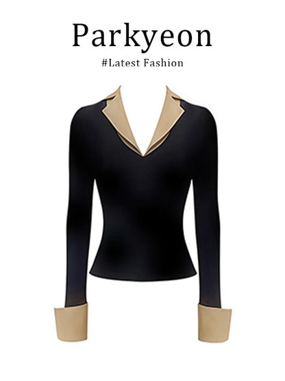 MARIE.COCO Early Autumn Set: Black Faux Two-Piece V-Neck Top and Skirt - Versatile and Stylish Outfit