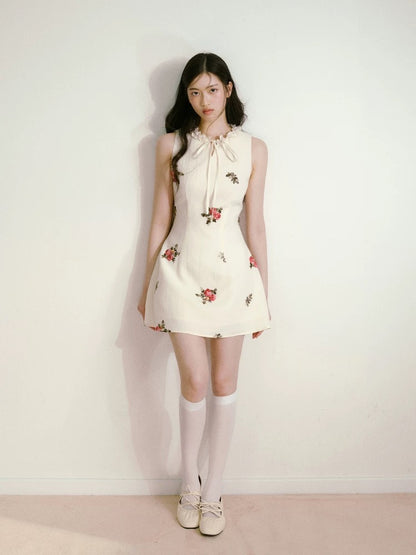 RECIT beige three-dimensional flower embroidered sleeveless dress for women summer with ruffled hem slim waist vest dress