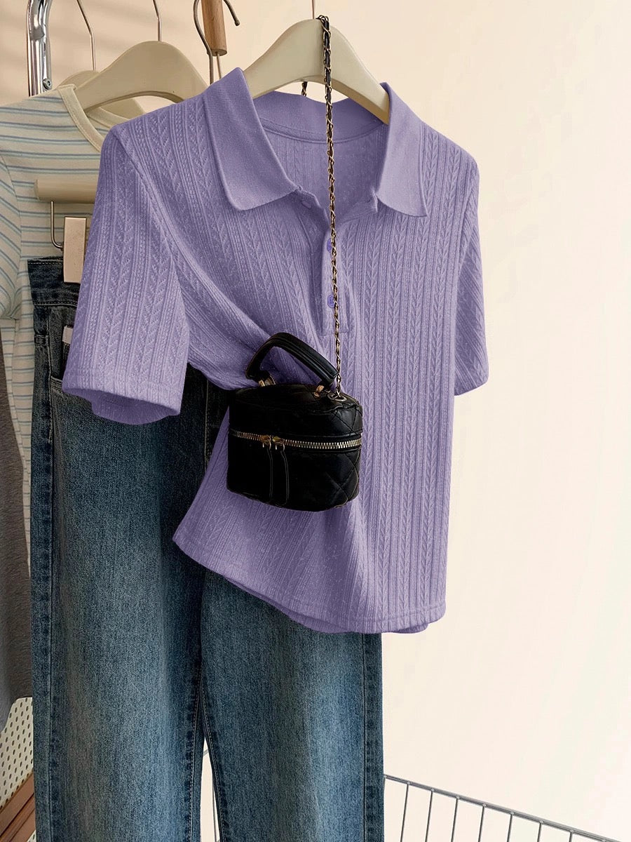 Polo shirt knitted short-sleeved T-shirt women's summer 2025 new hot-selling design niche straight shoulder half-sleeved top