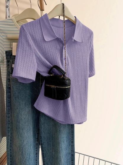 Polo shirt knitted short-sleeved T-shirt women's summer 2025 new hot-selling design niche straight shoulder half-sleeved top