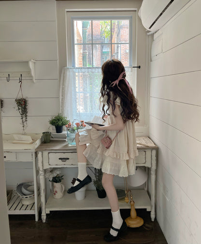 DOLL Original [Pure Love Song] Xiaofei Sleeve Dress Women's Summer New Style Slim Skirt with Fungus Trimming