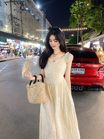 famouswang2023 new summer style gentle style embroidered lace hollow flower apricot dress long skirt for women