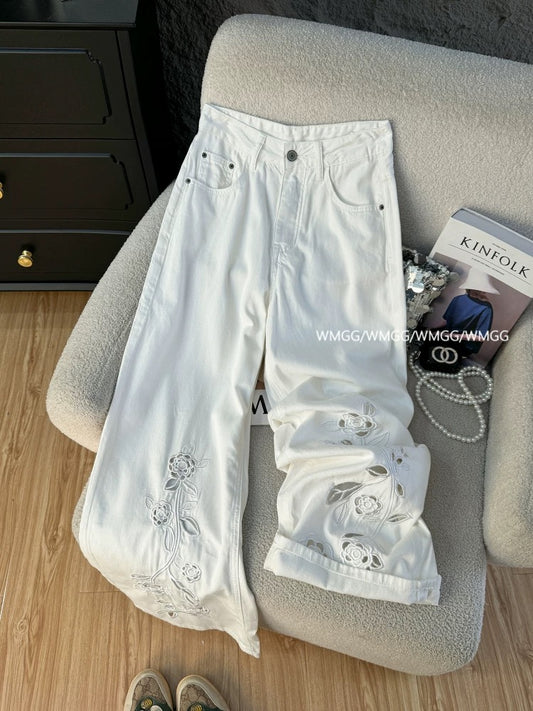 Jeans women summer thin 2025 new white pants women's loose bf lazy style hook flower hollow wide leg pants