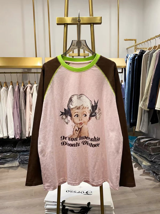 [Real-life photos from Xiao Ai's shop] American vintage-style cherry blossom print long-sleeve top—new for spring/autumn; loose, flattering fit with a unique design.