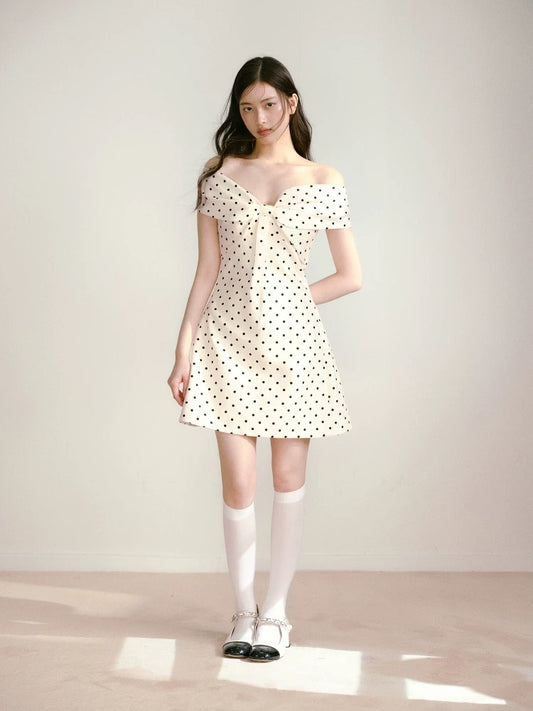 RECIT French retro style satin polka dot three-dimensional bow one-shoulder waist dress birthday dress