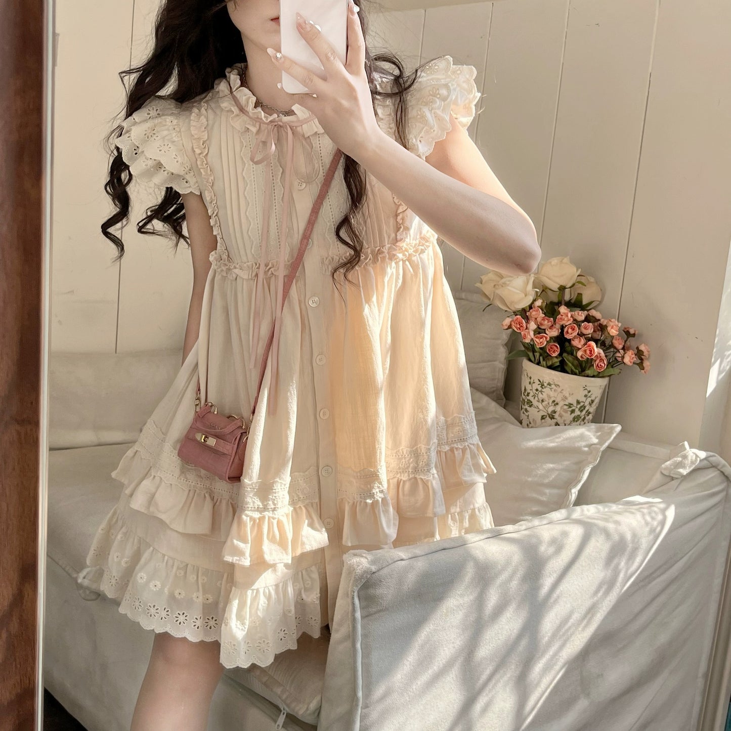 DOLL Original [Pure Love Song] Xiaofei Sleeve Dress Women's Summer New Style Slim Skirt with Fungus Trimming