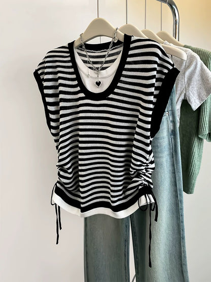 Black and white striped fake two-piece knitted sweater short-sleeved T-shirt women's summer 2025 new waisted small flying sleeves sleeveless top