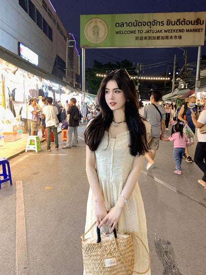 famouswang2023 new summer style gentle style embroidered lace hollow flower apricot dress long skirt for women