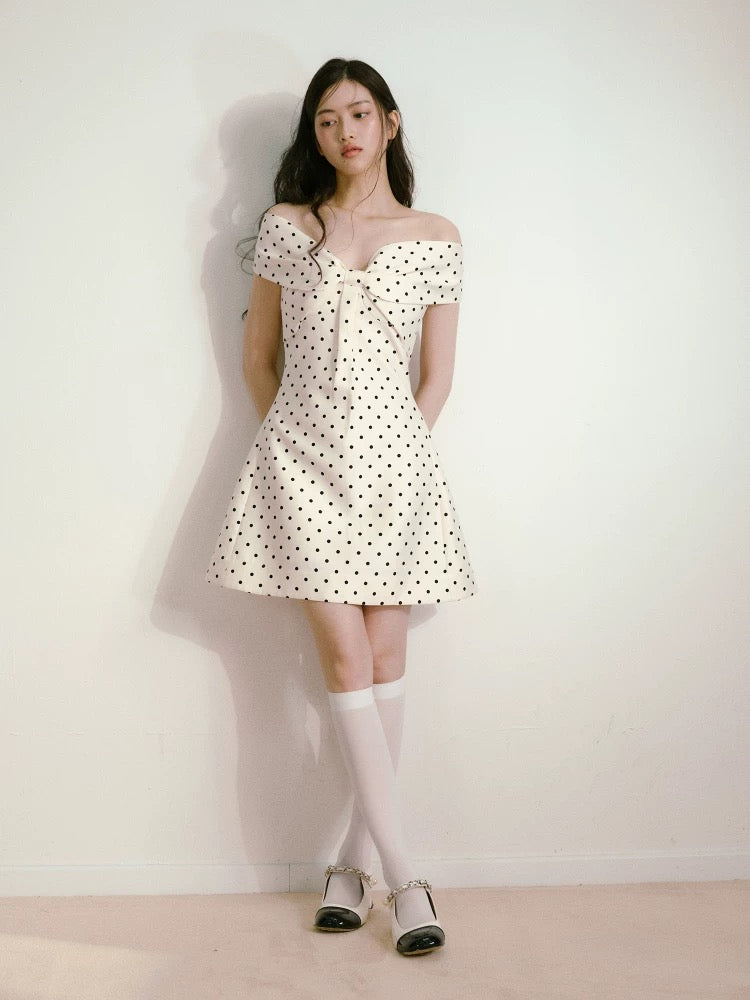 RECIT French retro style satin polka dot three-dimensional bow one-shoulder waist dress birthday dress