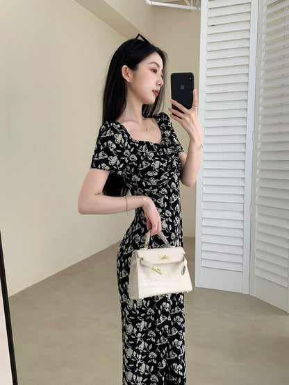 Guo Ge's black floral dress for women 2024 new summer French style waist slimming gentle style square neck long skirt