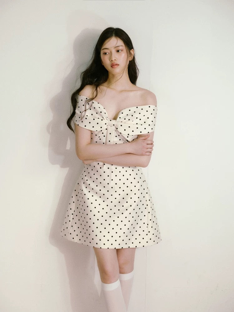 RECIT French retro style satin polka dot three-dimensional bow one-shoulder waist dress birthday dress