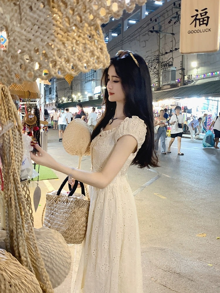 famouswang2023 new summer style gentle style embroidered lace hollow flower apricot dress long skirt for women