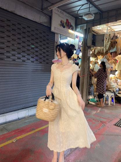 famouswang2023 new summer style gentle style embroidered lace hollow flower apricot dress long skirt for women