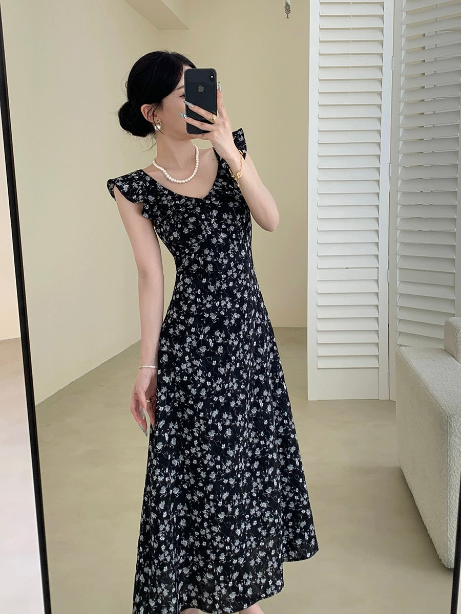 Guoge's floral dress for women 2024 summer new style French retro slimming ruffled gentle style long skirt