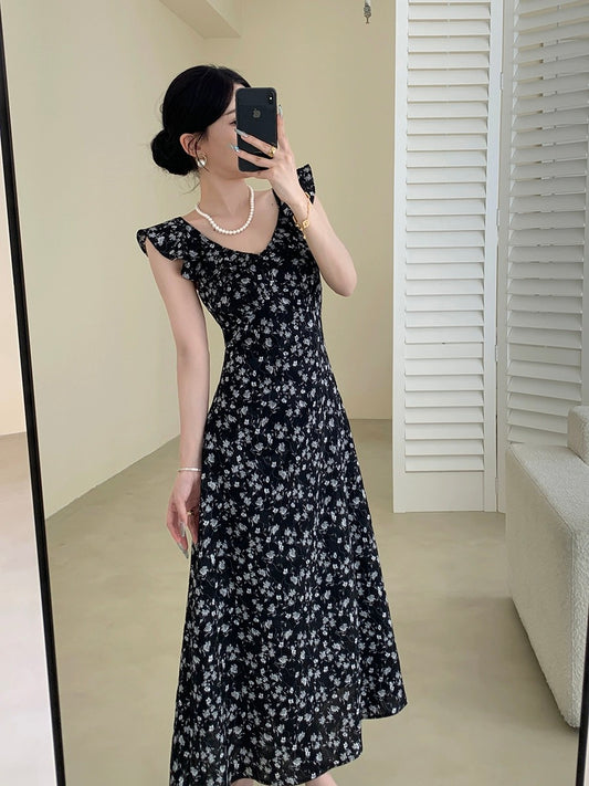 Guoge's floral dress for women 2024 summer new style French retro slimming ruffled gentle style long skirt