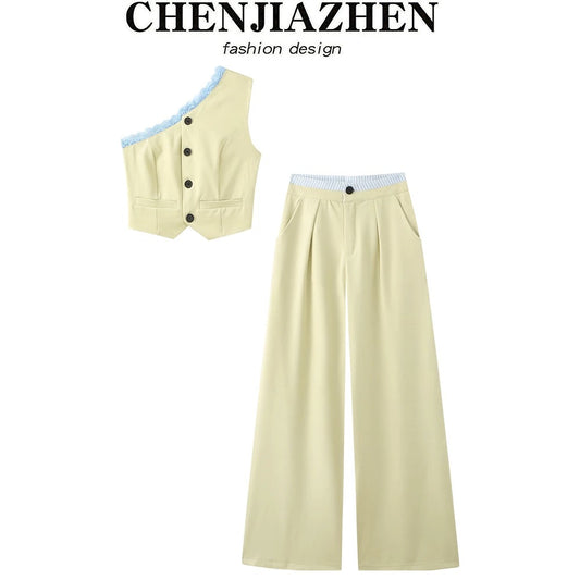 CHENJIAZHEN design high-grade temperament pure desire style sexy oblique shoulder wide-leg pants fashion suit pants women summer