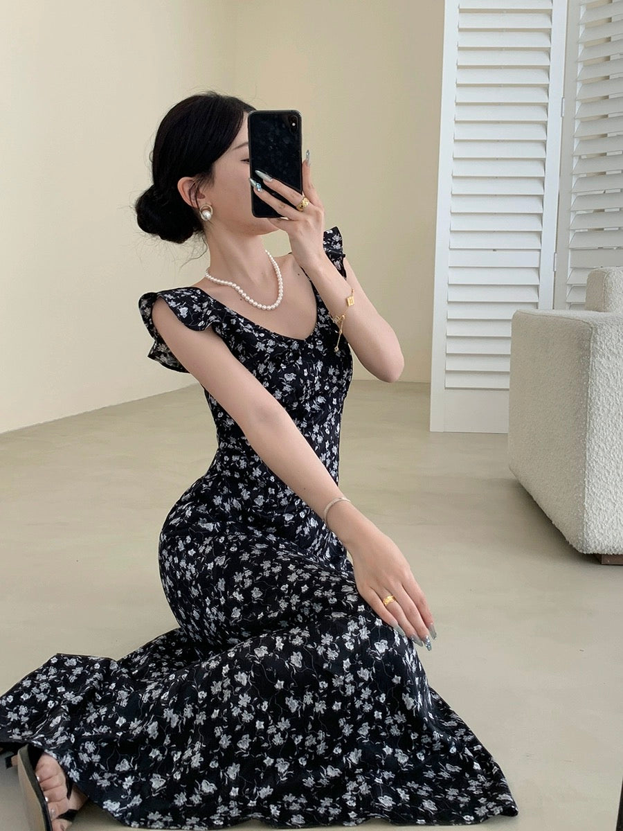 Guoge's floral dress for women 2024 summer new style French retro slimming ruffled gentle style long skirt