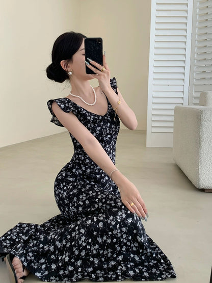 Guoge's floral dress for women 2024 summer new style French retro slimming ruffled gentle style long skirt