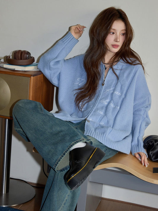 Chaochao's Blue Sweater for Women, Winter Double Zipper Thickened Outerwear Collared Knitted Cardigan, Lazy Wool Top