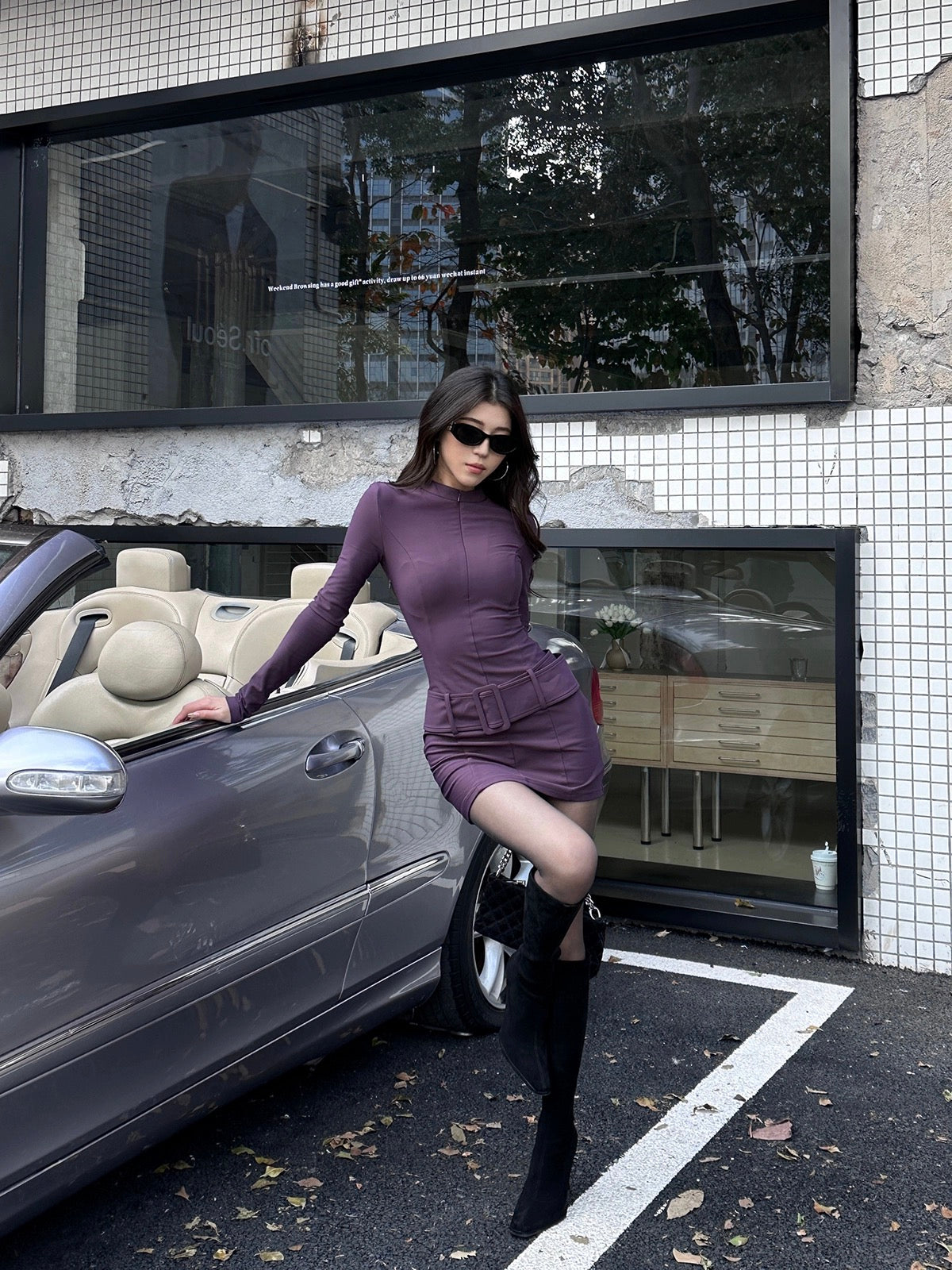 Luo Ge's wool roll European and American functional style spring and autumn slim sexy hot girl stand-up collar belt hip-covering dress for women