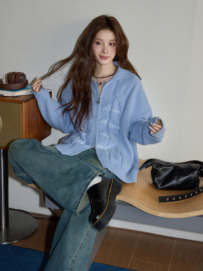 Chaochao's Blue Sweater for Women, Winter Double Zipper Thickened Outerwear Collared Knitted Cardigan, Lazy Wool Top