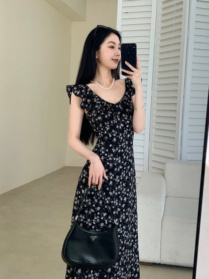 Guoge's floral dress for women 2024 summer new style French retro slimming ruffled gentle style long skirt