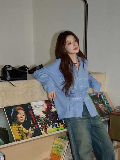 Chaochao's Blue Sweater for Women, Winter Double Zipper Thickened Outerwear Collared Knitted Cardigan, Lazy Wool Top