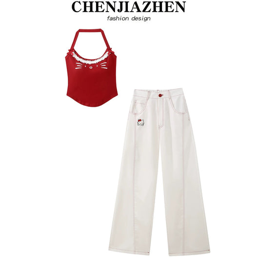 CHENJIAZHEN pure desire hot girl style sexy halter neck vest wide leg pants fashion two piece suit pants female summer