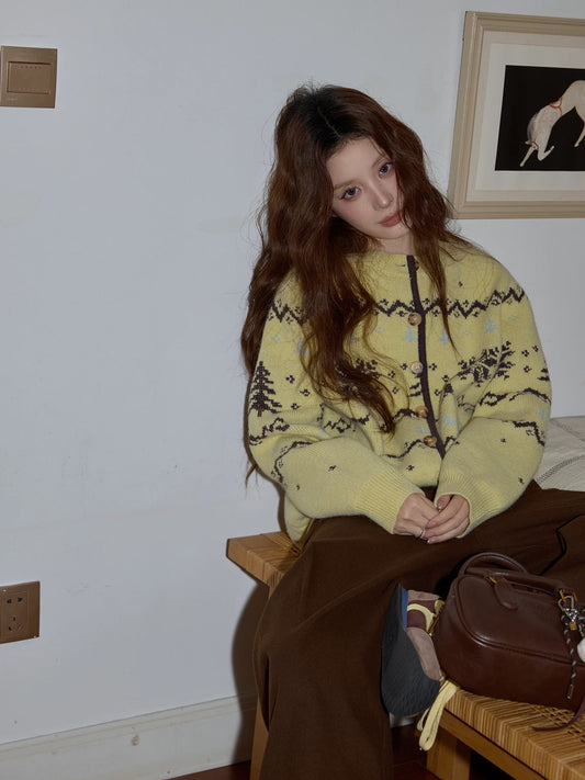 Chaochao's yellow sweater for women, thick knitted cardigan, loose fit, high-end style, outerwear sweater top