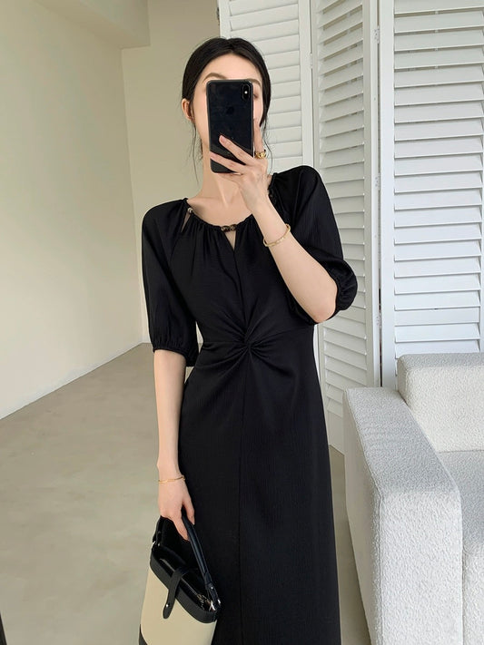 FT GUOGE black dress for women 2024 new summer style beautiful temperament waist slimming commuter twist long skirt