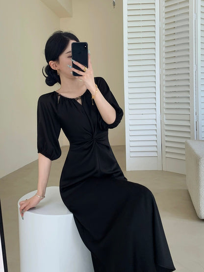 FT GUOGE black dress for women 2024 new summer style beautiful temperament waist slimming commuter twist long skirt
