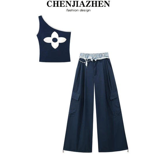 CHENJIAZHEN Korean design oblique shoulder sexy vest workwear wide-leg pants fashion suit pants women summer