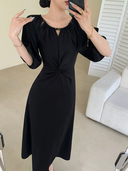 FT GUOGE black dress for women 2024 new summer style beautiful temperament waist slimming commuter twist long skirt