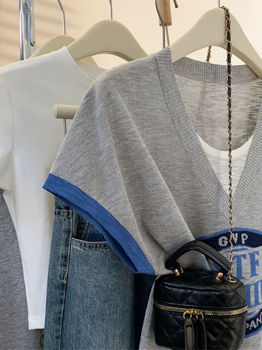 Ice silk knitted short-sleeved T-shirt for women summer 2025 new summer women's clothing fake two-piece thin small flying sleeve straight shoulder top